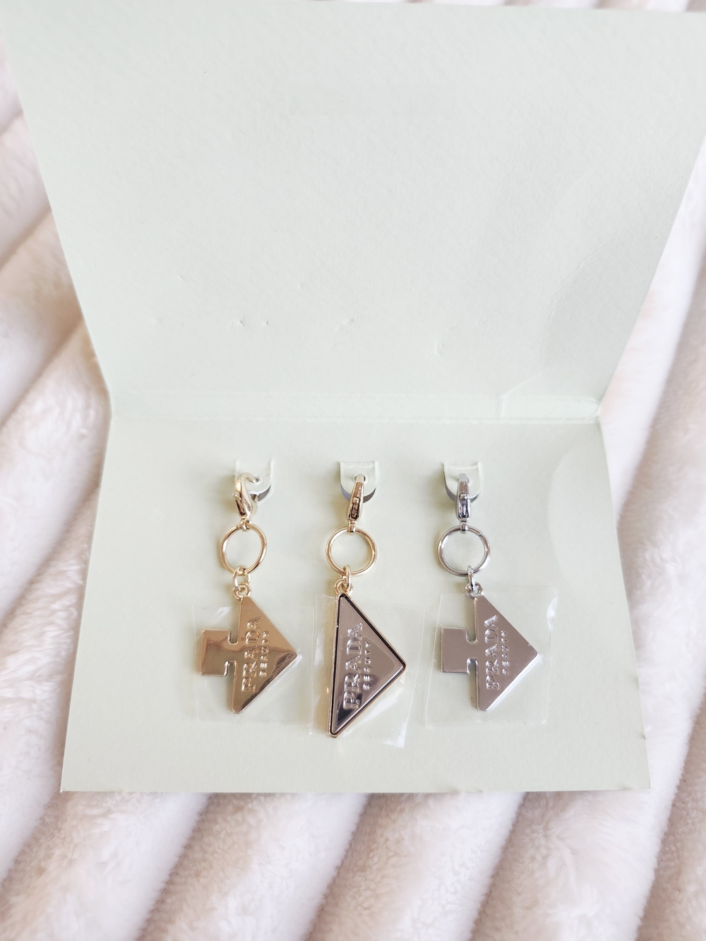 Prada Beauty Triangle Logo Charm Set of 3 Gold Silver GWP